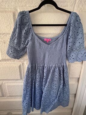 Betsey Johnson Light Blue Eyelet Puff Sleeve Mini Dress